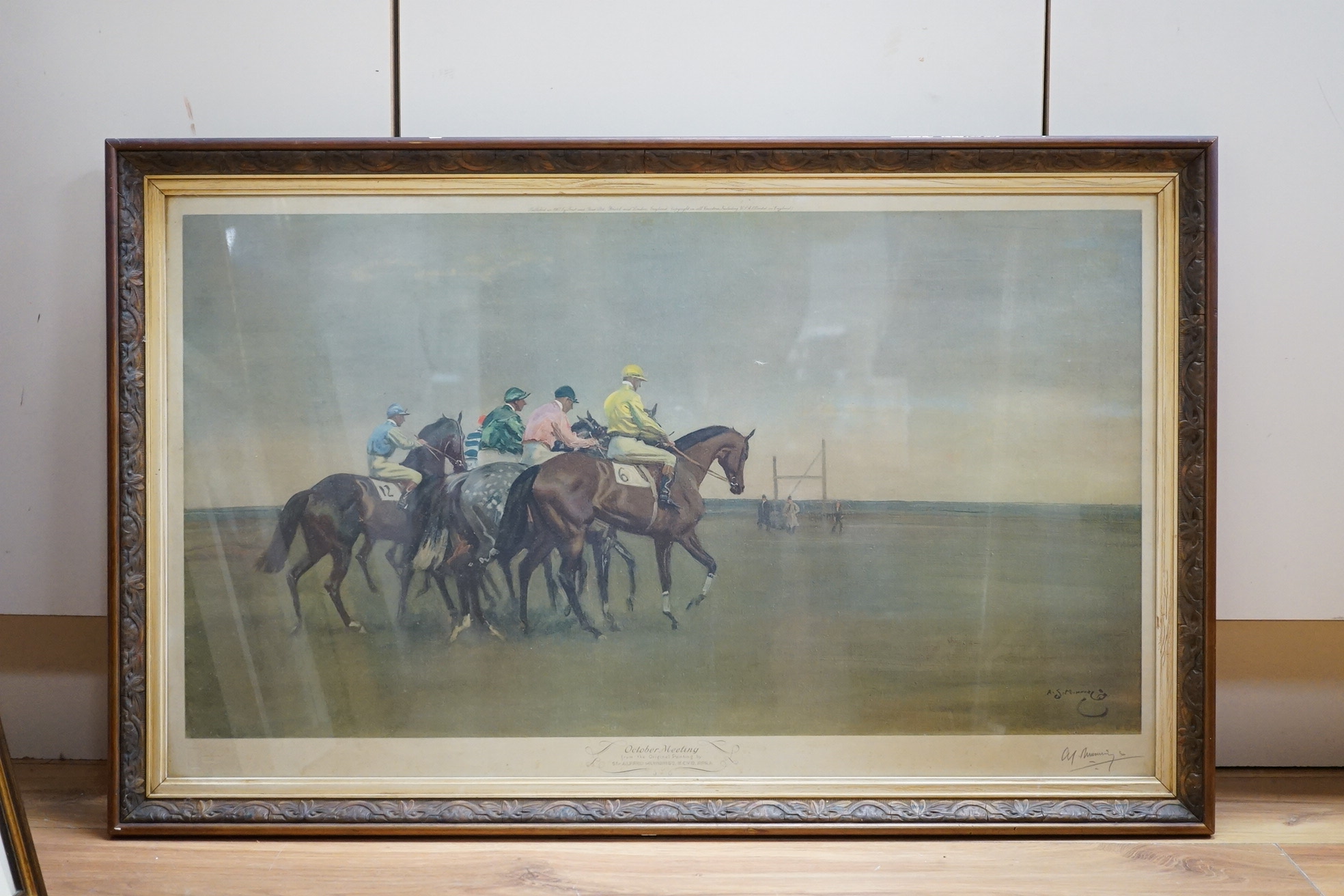 Edward Seago RBA, ARWS, RWS (1910-1974), Continental harbour view, signed in pencil together with Alfred Munnings, colour print 'October Meeting', signed in pencil, largest 49 x 66cm. Condition - poor to fair